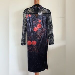 Elegant Black and Red Velvet Floral Lace Dress